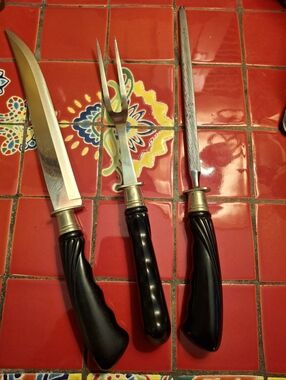 Vntg FLINT Stainless Vanadium USA Carving Set 14" Knife Fork Sharpening Steel